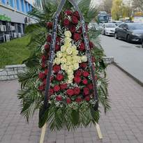 Funeral wreath with red and white roses