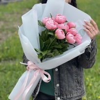 Букет из 7 кораллово-розовых пионов