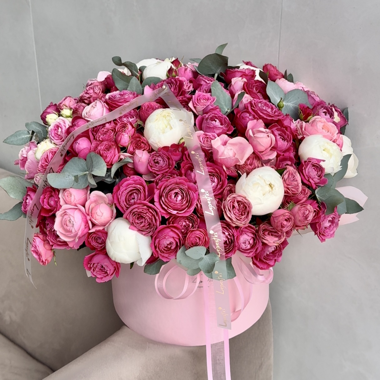 Wonderful Peonies Box with Eucalyptus