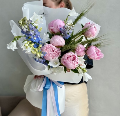 Bouquet with peonies and spikelets