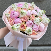 A bouquet of peonies, roses and matthiola