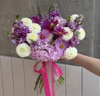 Bouquet with hydrangea, cosmos and dahlias