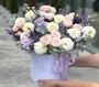 Flowers in a box with dahlias, roses and matthiola